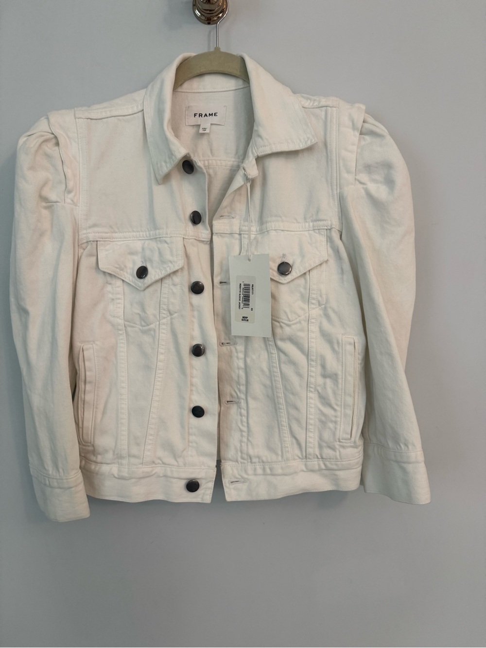 Frame Denim Off-White Jean Jacket with Puff Shoulders
